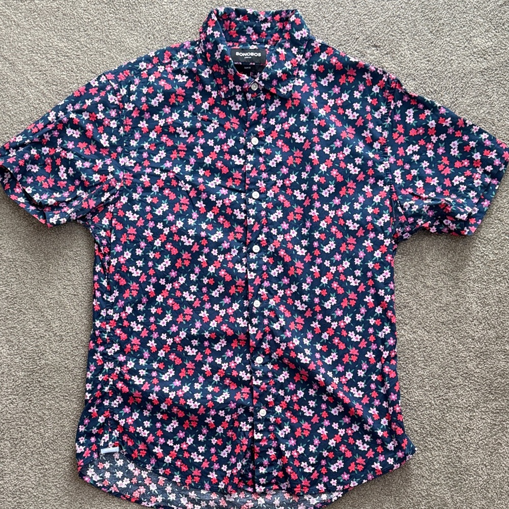 Bonobos Men's Floral Button-Down Shirt - Navy and Pink - Slim Fit - Large